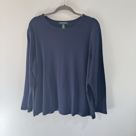 Lauren Ralph Lauren Shirt 3X Navy Blue Boat Neck Nautical 100% Cotton Preppy - Picture 1 of 7